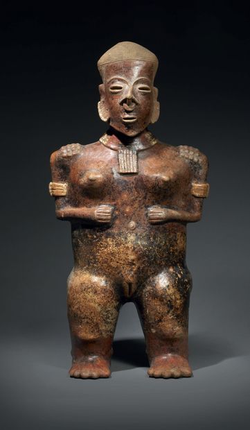null Ɵ Nayarit important figure of a standing female, Mexico, ceramic with red and...