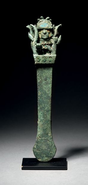 null Ɵ Moche knife (tumi) with priest figure, Peru, bronze, shell and greenstone...