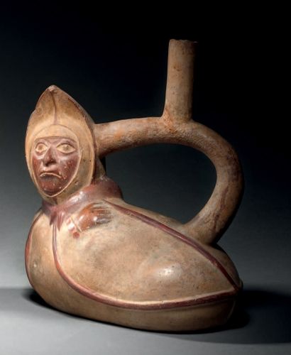null Ɵ Moche anthropomorphic peanut effigy vessel, Peru, ceramic with cream and dark...