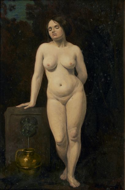 Ecole Française vers 1900 Young naked woman near a fountain
Panel
55 x 36 cm
Bears...