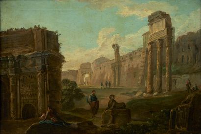 Attribué à Hubert ROBERT (1733-1808) View of the Roman forum with the temple of Castor...
