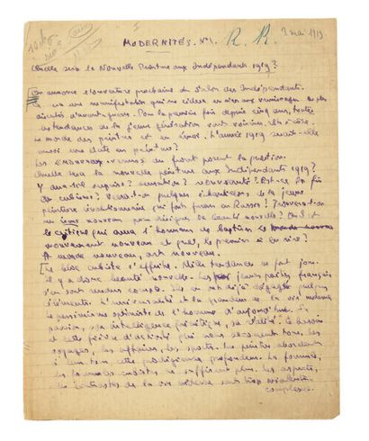 CENDRARS Blaise (1887-1961). Autograph manuscript signed "Modernité N°1", (s.l.)...