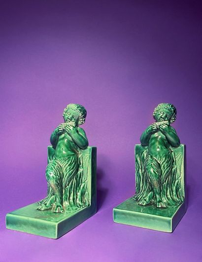 null French work circa 1940 Young satyrs playing the flute Pair of bookends in green...