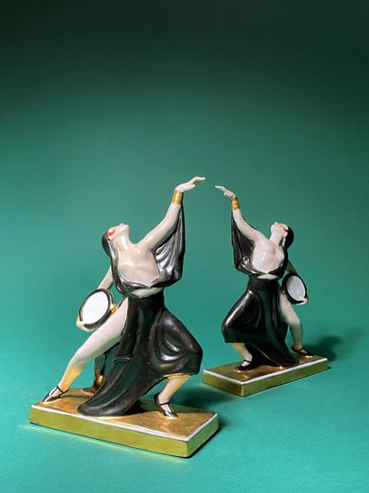 null ROBJ - PARIS Dancers with tambourines Pair of bookend sculptures in polychrome...