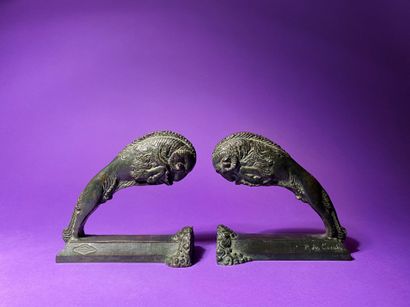 null Pierre FOURNIER DES CORATS (1884-1953) Rams Pair of bookends in bronze, with...