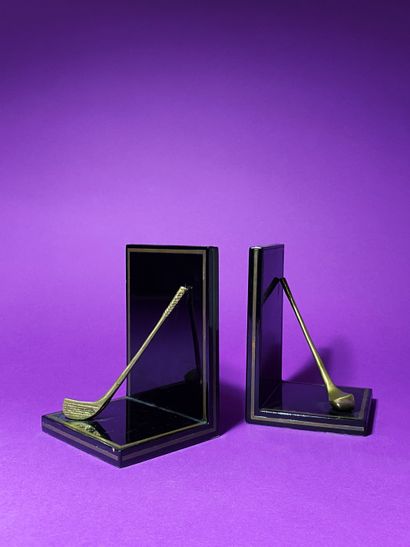 null French work circa 1960 Golf club Pair of bookends in brass and stained wood...