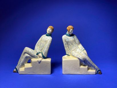 null FONTANILLE & MARRAUD LIMOGES Elegant circa 1930 Pair of ceramic bookends, polychrome...