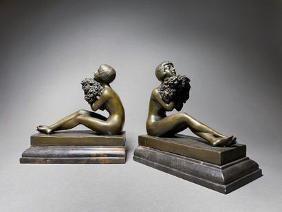 null French work circa 1940 Young women with arms full of flowers Pair of bookends...