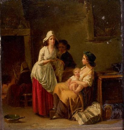 ATTRIBUÉ À JEAN-BAPTISTE MALLET (1759-1835) La nourrice Panneau de noyer 17,5 x 16,5...