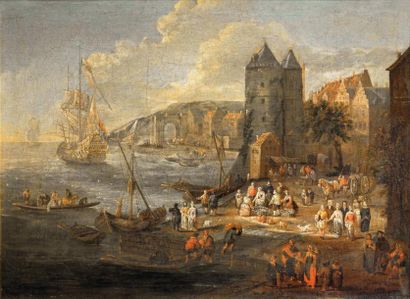 PIETER BOUT (BRUXELLES 1658-1719) Le marché sur le port Huile sur toile 23 x 31 ...