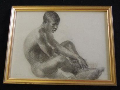 PIERRE BODARD (1881-1937) Etude de jeune antillais nu assis Fusain et crayon sur...