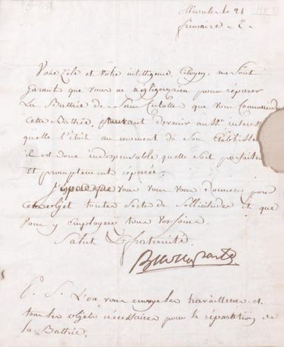 BONAPARTE (Napoléon) (1769-1821) Lettre signée «Buonaparte» au «commandant la battrie...