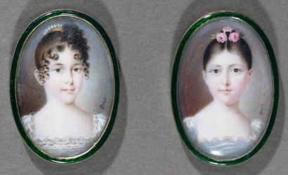 DUN Nicolas François (1764-1832) Deux jeunes filles Deux portraits ovales miniature,...