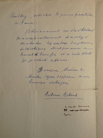 ARTAUD (Antonin). Autograph letter signed to the Minister of Public Instruction....