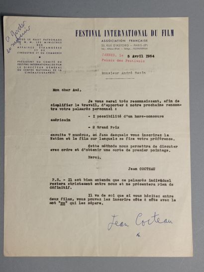 COCTEAU (Jean). L.S. to André Bazin. 1 p. in-4, Cannes, April 5, 1954 on the letterhead...