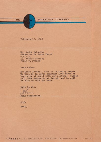 CASSAVETES (John). 2 L.S. + 2 telegrams to André S. Labarthe. 4 p. in-4, August 28,...