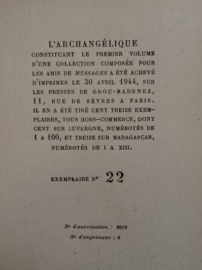 BATAILLE (Georges). L'Archangélique. Paris, Messages, 1944, in-12, broché, couverture...