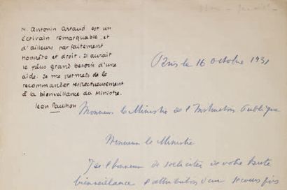 ARTAUD (Antonin). Autograph letter signed to the Minister of Public Instruction....
