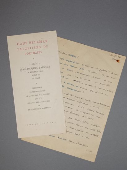 BELLMER (Hans). L.A.S. à Jean COCTEAU. Berlin, 20 avril 1954, 1 p. in-8. 
Bellmer...