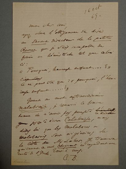 BAUDELAIRE (Charles). L.A.S. [to Auguste Poulet-Malassis]. [Brussels], 16 October...