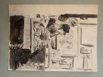 Léon ou Jules VOIRIN Jeune femme assise dans un intérieur
Encre sur papier
Cachet...