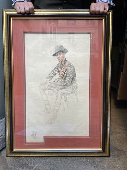 Maurice MILLIÈRE (1871-1946) "Seated soldier with a pipe"
Lithograph in colors, signed,...