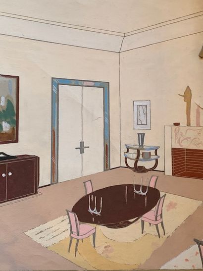 André ARBUS (1903-1969) Lot de six dessins d'intérieurs à l'encre, crayon, aquarelle...