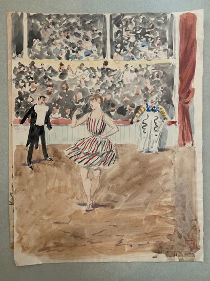 Léon VOIRIN (1833-1887) Le cirque
Deux aquarelles Cachet de vente d'atelier en bas...