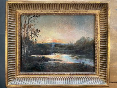 Ecole du XIXème siècle Coucher de soleil sur l'étang
Huile sur panneau 19,5 x 26...