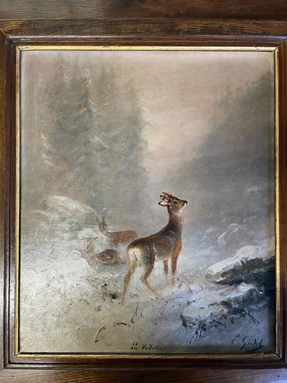 Emile GRIDEL (1839-1901) Brocards dans la neige
Huile sur toile, signée en bas à...