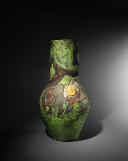 Edouard PIGNON (1905-1993) Les ramasseurs d'olives, 1953 Vase en terre cuite rouge,...