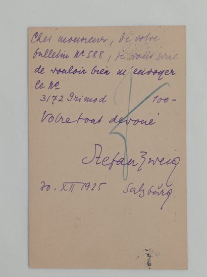 ZWEIG Stefan (1881-1942). Autograph card signed to Noël Charavay, Salzburg, December...