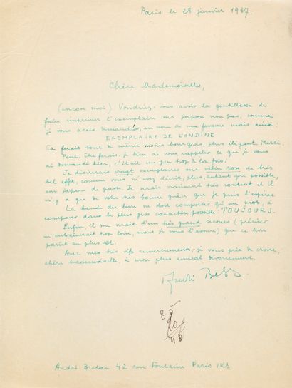 BRETON André (1896-1966). Lettre autographe signée à son éditeur, Paris [42 rue Fontaine,...