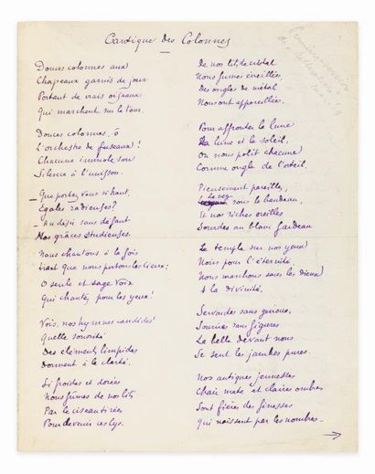 VALÉRY (Paul) 
Canticle of the Columns. Autograph poem signed, [1918-early 1919],...
