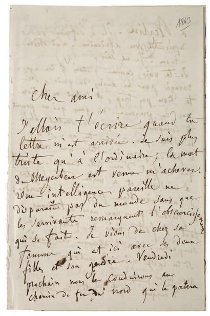 BERLIOZ, Hector. 3/4May 1864. Autograph letter signed to his son Louis Berlioz [Paris....