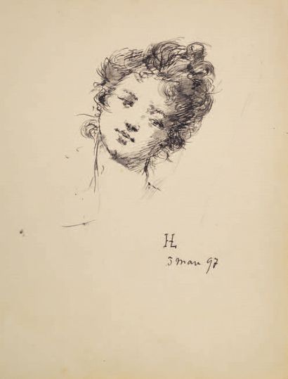 HENNER Jean-Jacques (1829-1905). Ensemble de trois dessins originaux à l'encre signés,...