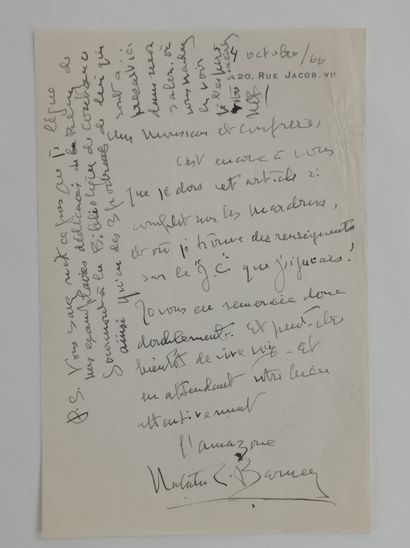 BARNEY Natalie CLIFFORD (1876-1972) Lettre autographe signée «l'Amazone Natalie Barney»...