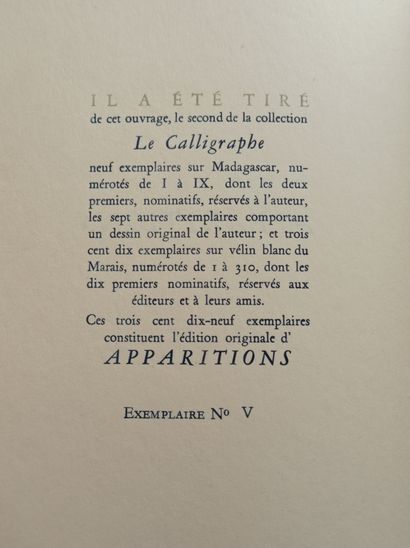 MICHAUX (Henri). Apparitions. Paris, Le Calligraphe, 1946. Petit in-4, plein box...