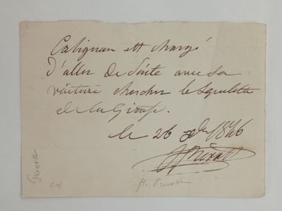 null [LA GIRAFE ZARAFA]. PRÉVOST Florent (1794-1870). Billet autographe signé, [Paris]...