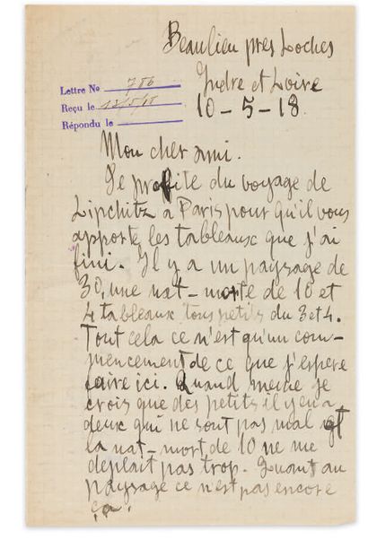 GRIS (Juan). Autograph letter signed to Léonce Rosenberg, dated Beaulieu près Loches,...