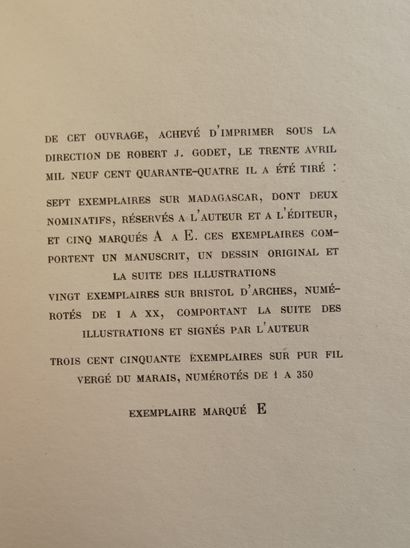 MICHAUX (Henri). Labyrinthes. Paris, Robert J. Godet, 1944. In-4, plein box bleu...