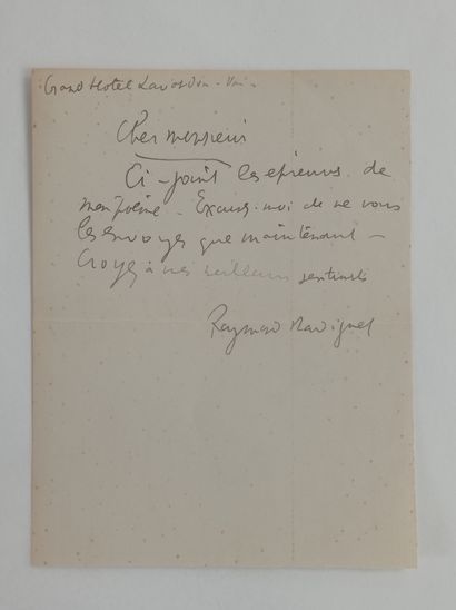 RADIGUET Raymond (1903-1923). Lettre autographe signée «Grand Hôtel Lavandou Var»...