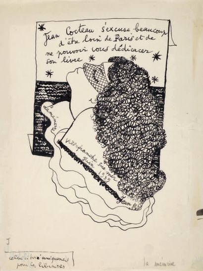 COCTEAU JEAN (1889-1963). Beau dessin à l'encre noire, intitulé «La mémoire», «Villefranche...