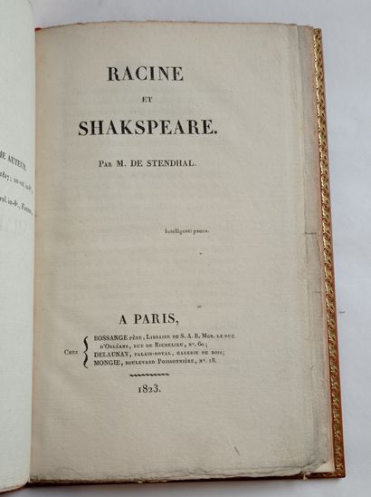 STENDHAL (Henri Beyle, dit). Racine et Shakspeare [sic]. Paris, Bossange, Delaunay,...