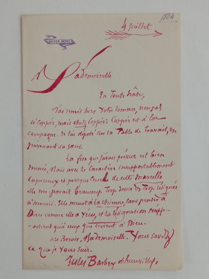 BARBEY D'AUREVILLY Jules Amédée (1808-1889) Lettre autographe signée à une demoiselle,...