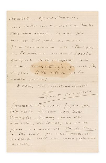 CHAUSSON (Ernest). Autograph letter signed to Claude Debussy, dated Luzancy, Thursday...