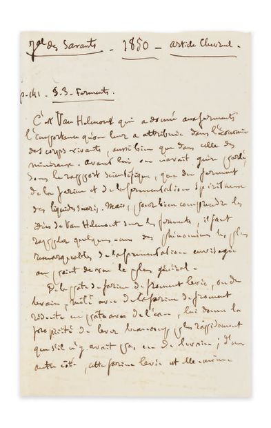 PASTEUR (Louis). Journal des Savants. 1850. Article Chevreul. Manuscrit autographe,...