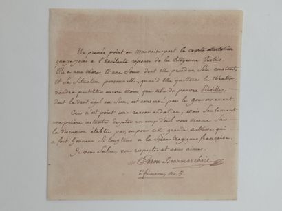 BEAUMARCHAIS Pierre-Augustin Caron de (1732-1799). Lettre autographe signée, (s.l.)...