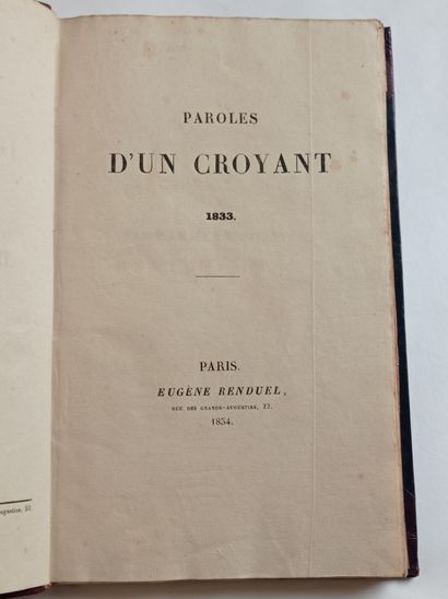 LAMMENAIS (Félicité de). Paroles d'un croyant. Paris, Renduel, 1834. In-8, demi-maroquin...