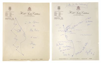 COCTEAU JEAN (1889-1963). Bel ensemble de deux dessins autographes, dédicacés, datés...